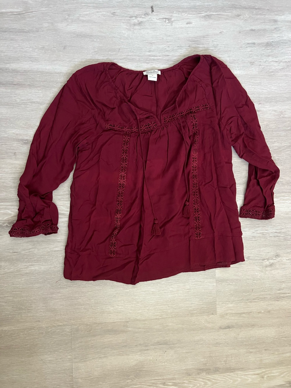 Lucky Brand Deep Red Boho Cottagecore Lace Trim Top Med